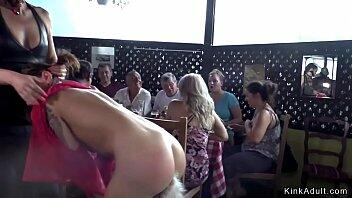 Euro brunette babe bangs in crowded public restaurant terrace