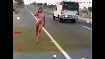 Nude wife on public road