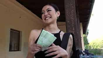 Inked Asian pulled into bendover sex for money