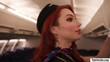 Horny TS flight attendant lets her chubby passenger suck her hard shecock in the plane.After that,she fucks her pussy so deep and hard.Next is,she grabs the guy on his seat and brings him into the comfort room and do threesome sex.