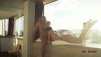 Horny fitness teen having real sex with cumshot on window