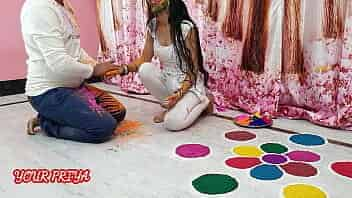 Priya having sex with her step cousin while he playing holi with her with clear hindi voice