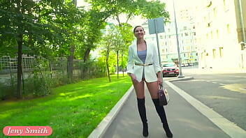 Woman on the street in without panties. Sexy bottomless chick