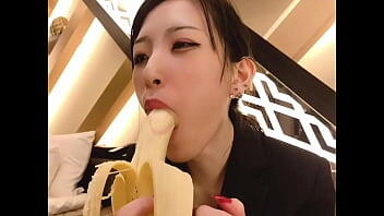Japanese woman YouTuber's sweet blowjob onto a banana with a condom and talk session