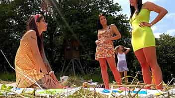 Sexy and Hot Shaved Pussy Girls in Flirty Sundress Short Skirts Playing Games. Beautiful Big Tits Big Ass Girls Party Outdoors by Playing Games and Trying Panties and NO PANTIES.