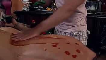 Cucumber in her ass, he smears her pizza on her back, he smears ketchup on her back, and stuffing her mouth with pizza, while she is tied.